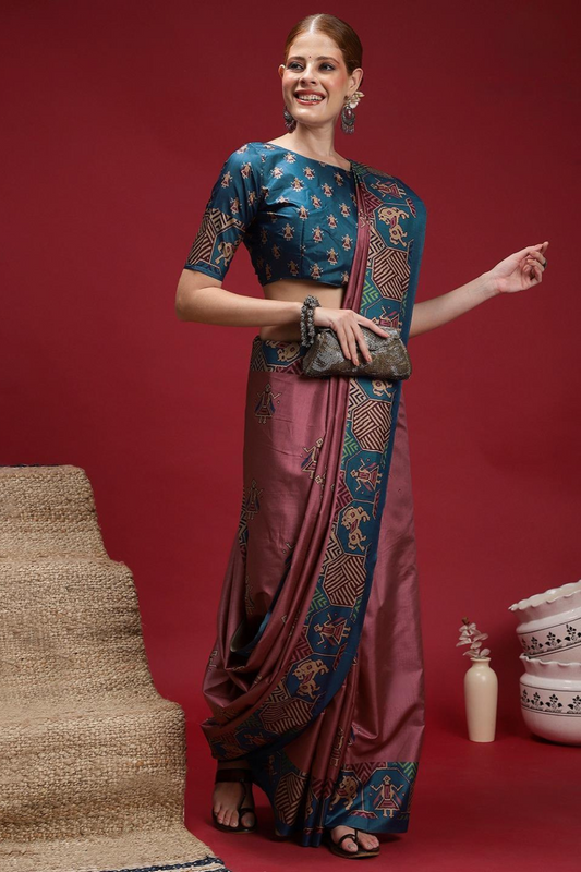 Hosita Blue Magenta Elegant printed Silk Saree