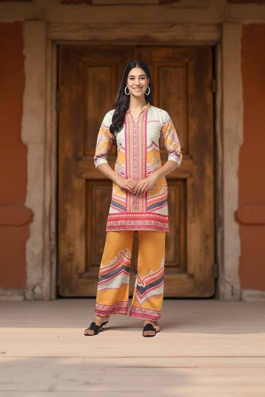 Artistic Yellow with elegant Printed Embroidery Co Ord Set