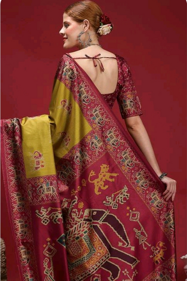 Hosita Magenta Yellow printed Silk Saree