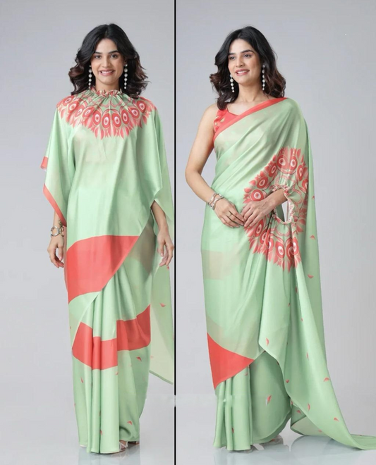 Hosita Parrot Green with Orange Print Freehand Pattern Saree