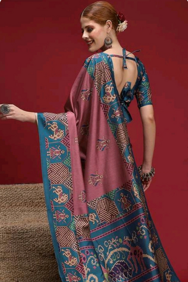 Hosita Blue Magenta Elegant printed Silk Saree