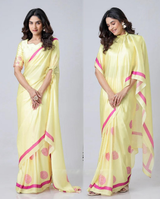 Hosita Lemon Yellow with magenta Line Handsfree Designer Saree