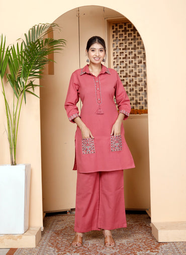 Pale Red Embroidery Cotton Co Ord Set with Front Pocket