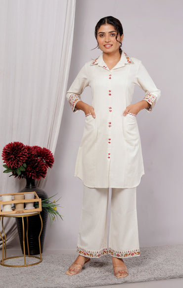 Magic White Embroidery Cotton Co Ord Set with Front Pocket
