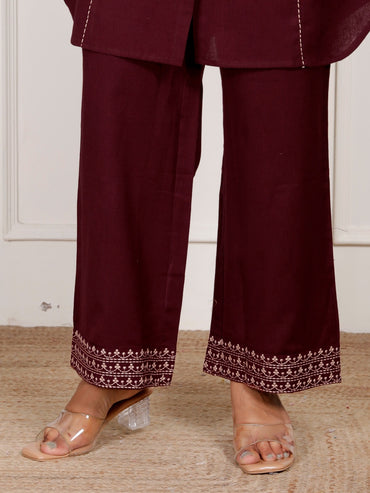 Dark Maroon Embroidery Cotton Flex Co-Ord Set With Front Pocket