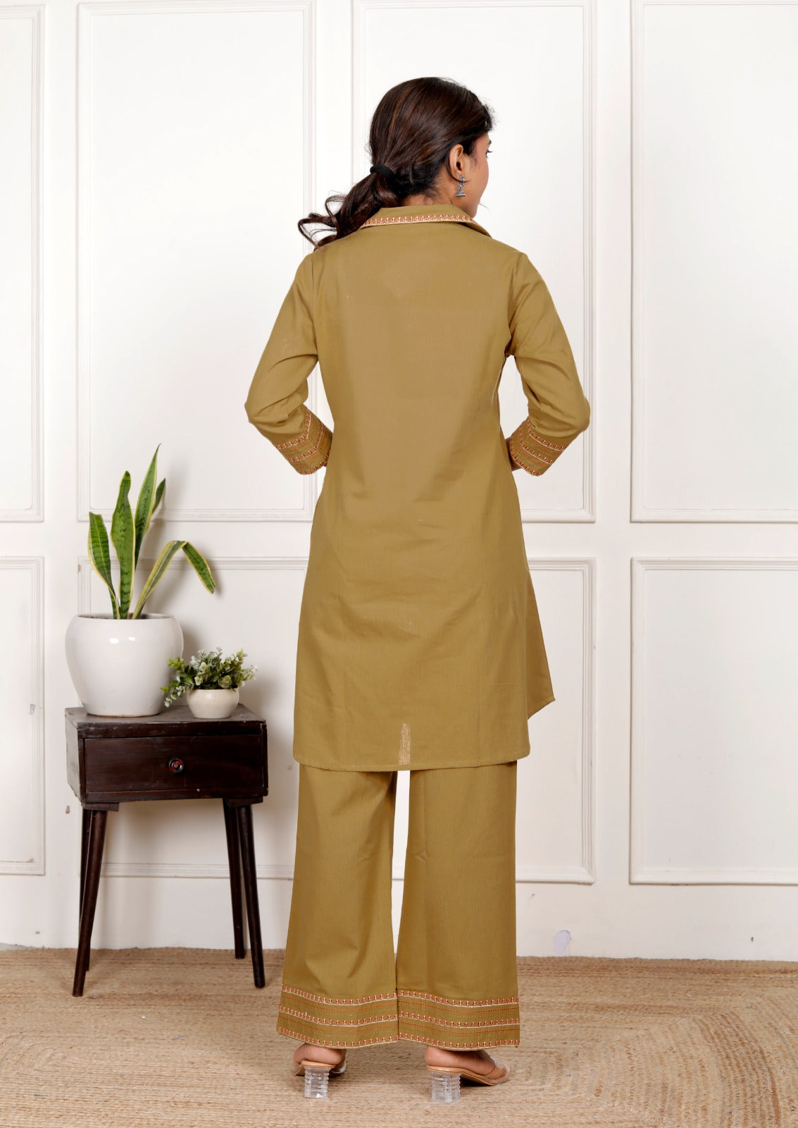 Coffee Beige Embroidery Cotton Co Ord Set with Front Pocket
