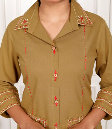 Coffee Beige Embroidery Cotton Co Ord Set with Front Pocket