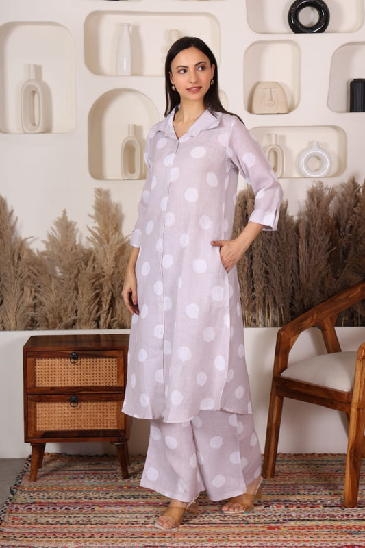 Beige with White Polka Dots Printed Long Co-Ord Set