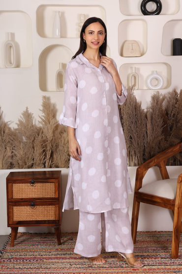 Beige with White Polka Dots Printed Long Co-Ord Set