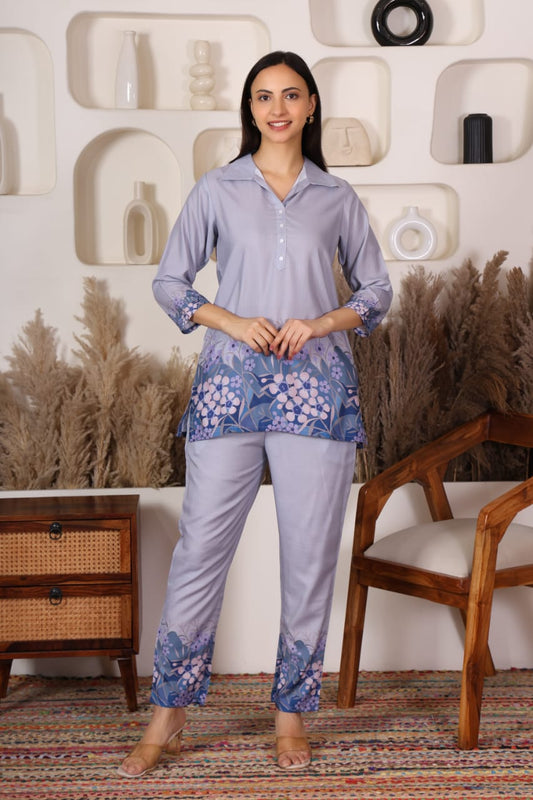 Summer Grey Floral Embroidered Co-ord Set – Summer Bloom Edition