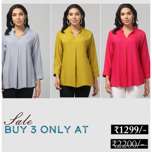 Hosita Grey, Olive and Magenta Rayon Pleated Top