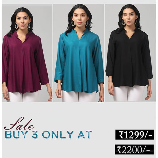 Hosita Brinjal, Ice Blue and Black Rayon Pleated Top