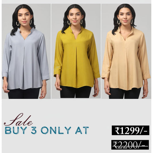 Hosita Grey, Caramel and Olive Rayon Pleated Top