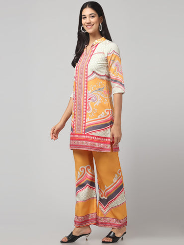 Artistic Yellow with elegant Printed Embroidery Co Ord Set