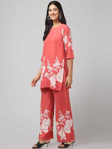 Floral Printed  Orange Red Co Ord Set