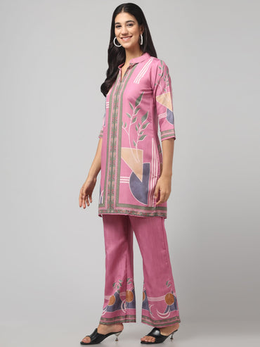 Aesthetic Pink With Embroidery Print Co Ord Set