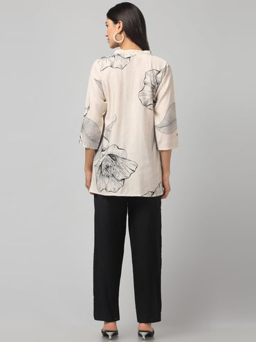 Contrast Off White Printed With Black Trouser Co Ord Set