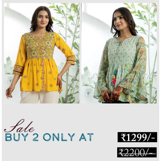 Hosita Mustard and Mint Green Cotton Tunic  Combo