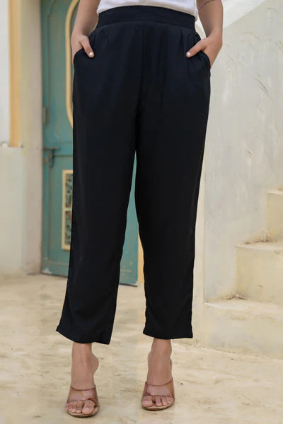 Black Solid Cotton Pants with Partially Elasticated Waistband