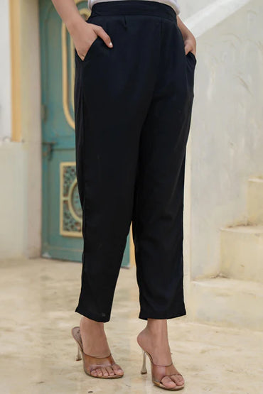 Black Solid Cotton Pants with Partially Elasticated Waistband
