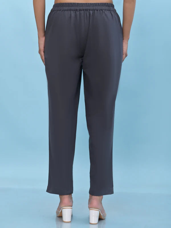 Grey Solid Cotton Pants with Partially Elasticated Waistband
