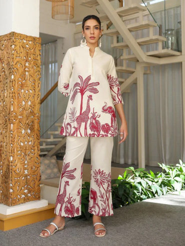 Awesome Red Print Jungle Theme Cotton Co Ord Set