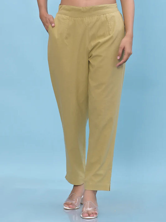 Women Olive Solid Cotton Pants with Partially Elasticated Waistband