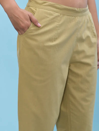 Women Olive Solid Cotton Pants with Partially Elasticated Waistband