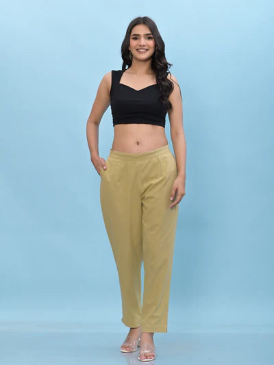 Women Olive Solid Cotton Pants with Partially Elasticated Waistband