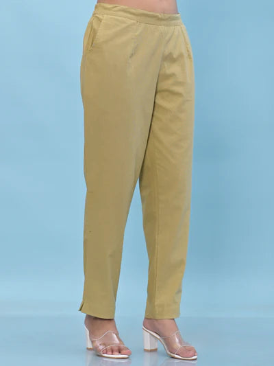 Women Olive Solid Cotton Pants with Partially Elasticated Waistband