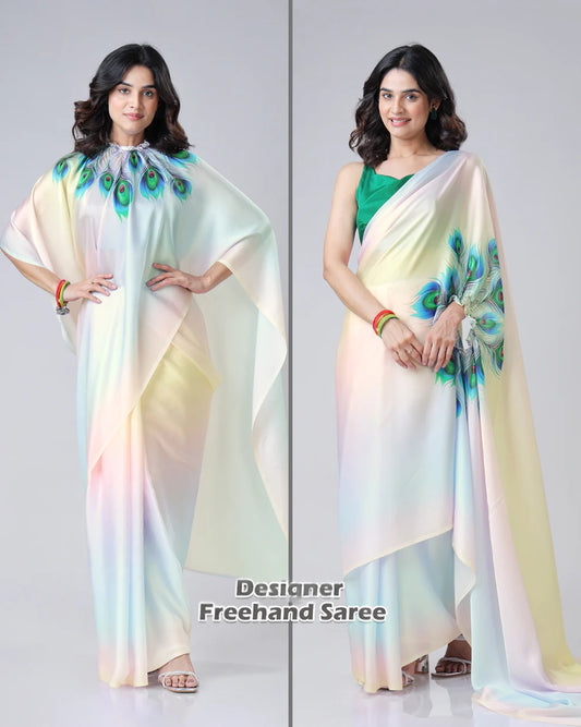 Hosita Tredy Color Blend Feather Freehand Designer Saree