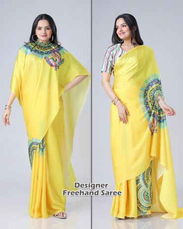 Hosita Yellow Traditional Freehand Saree