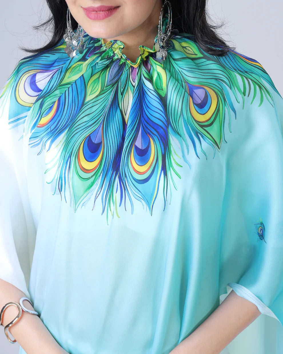 Hosita Blue Feather Ombre Freehand Designer Saree