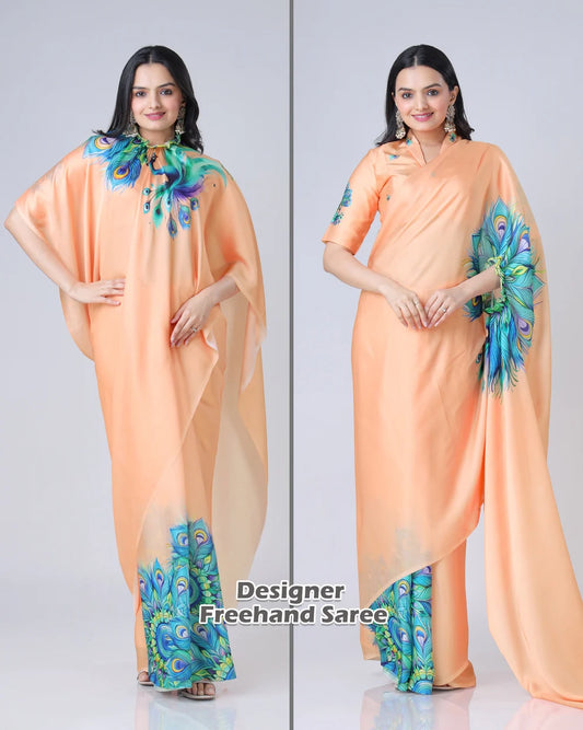 Hosita Light Orange Peacock Feather Freehand Designer Saree