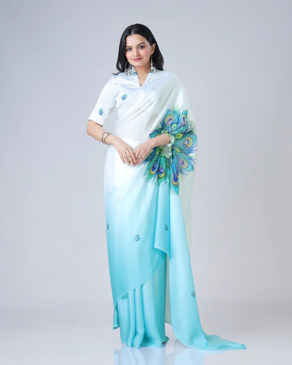 Hosita Blue Feather Ombre Freehand Designer Saree
