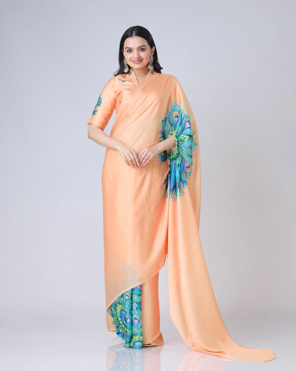 Hosita Light Orange Peacock Feather Freehand Designer Saree