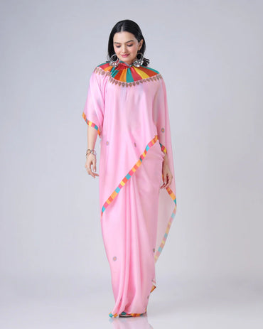 Hosita Pink Ethnic Contrast Border Freehand Designer Saree