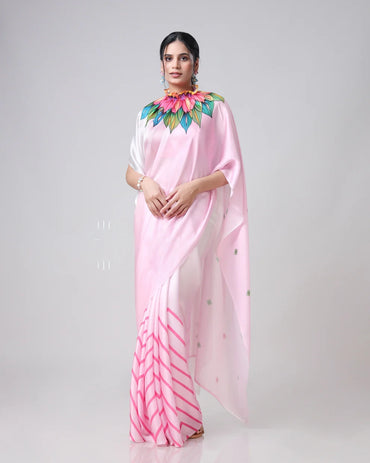 Hosita Pink Chevron Floral Freehand Designer Saree