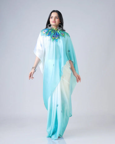 Hosita Blue Feather Ombre Freehand Designer Saree