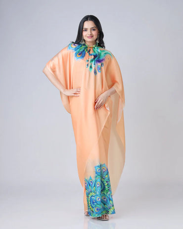 Hosita Light Orange Peacock Feather Freehand Designer Saree