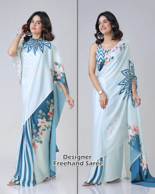 Hosita Lovely Sea Blue Floral Stripes Freehand Saree