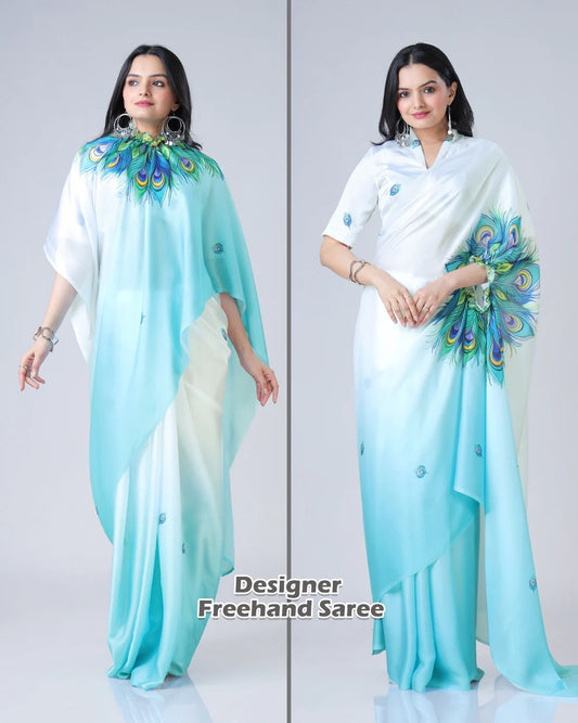Hosita Blue Feather Ombre Freehand Designer Saree