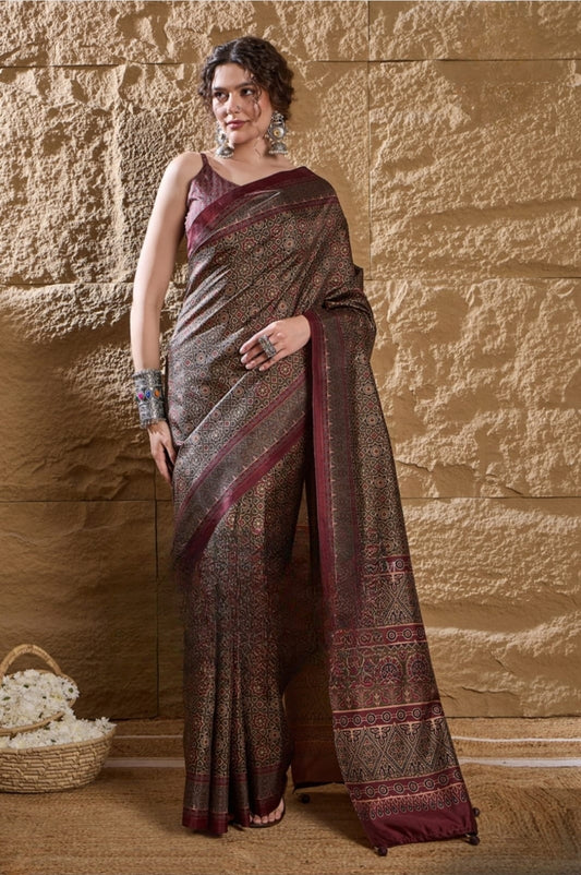 Hosita Brown printed Dolphin Silk Saree