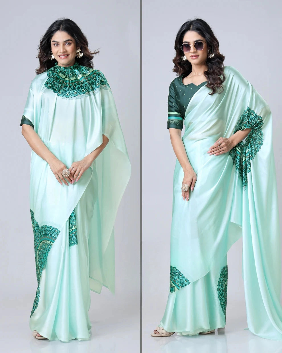 Hosita Electric Green Mandalaa Print Freehand Pattern Saree