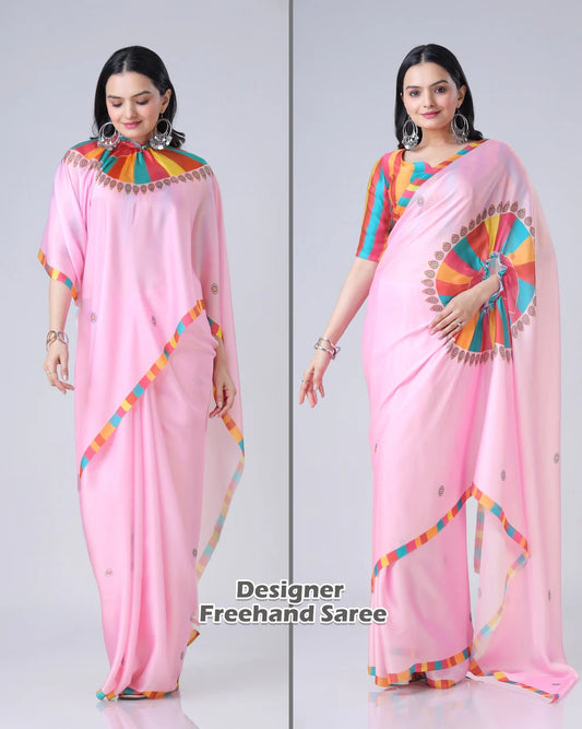 Hosita Pink Ethnic Contrast Border Freehand Designer Saree