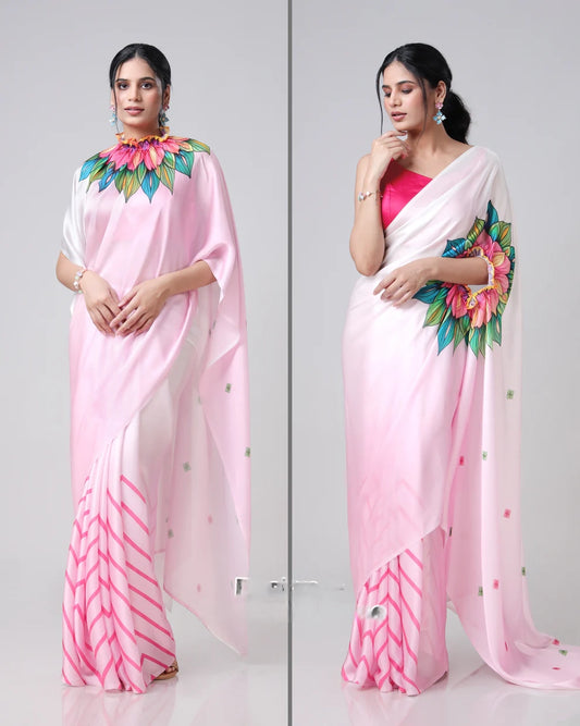 Hosita Pink Chevron Floral Freehand Designer Saree