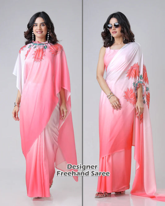 Hosita Beautiful Ombre Lotus Mandalaa Print Freehand Designer Saree