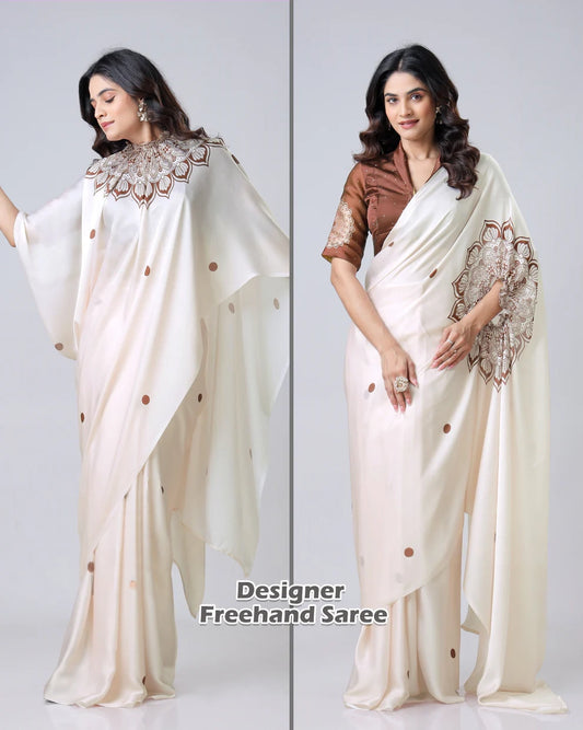 Hosita Cream Mandalaaa Print Freehand Designer Saree