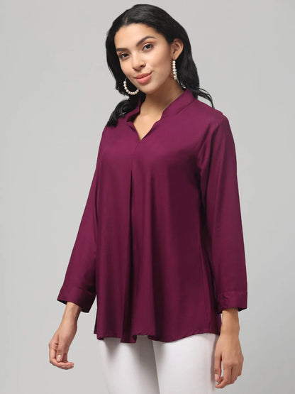 Hosita Brinjal, Ice Blue and Black Rayon Pleated Top