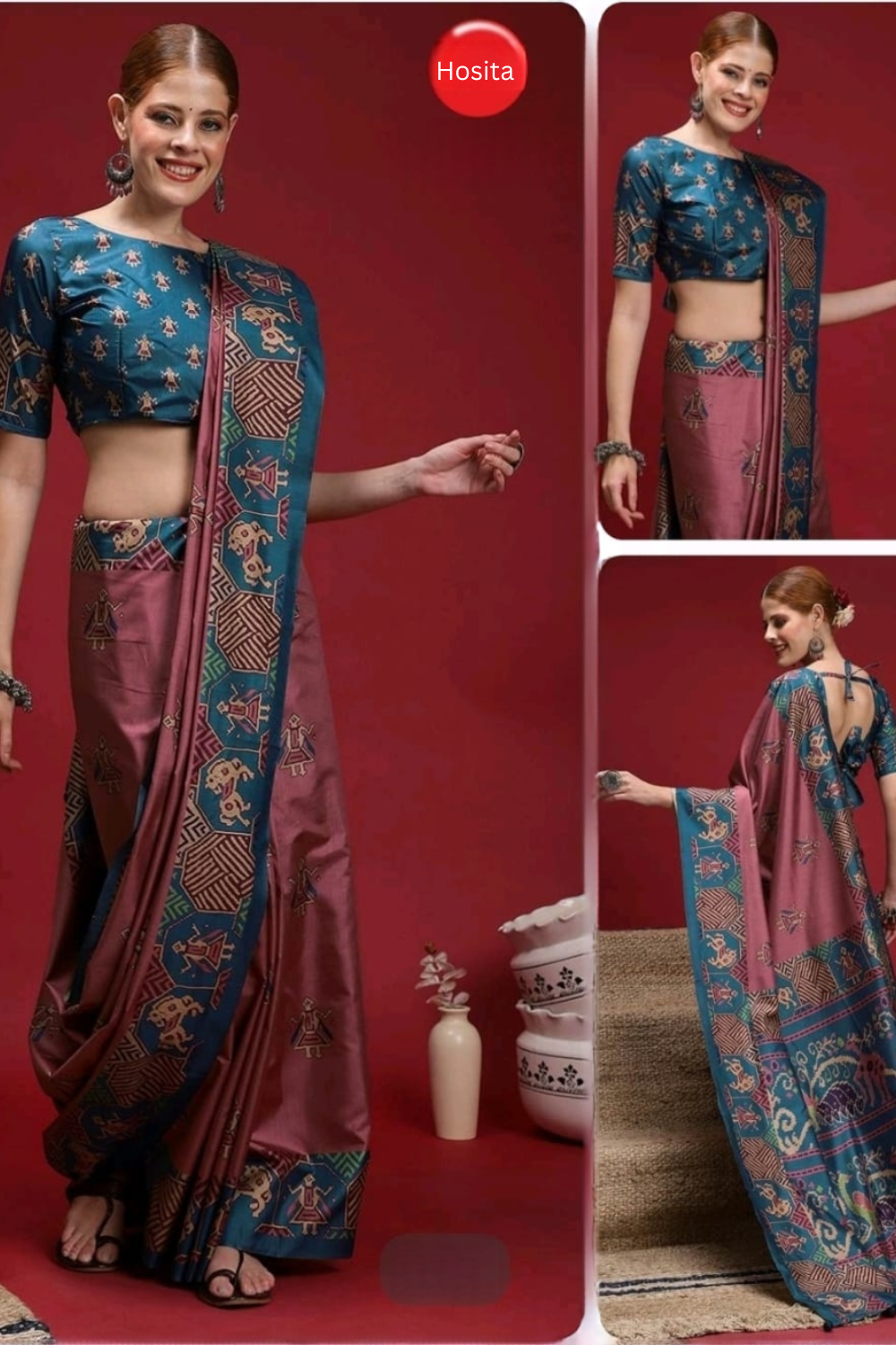 Hosita Blue Magenta Elegant printed Silk Saree
